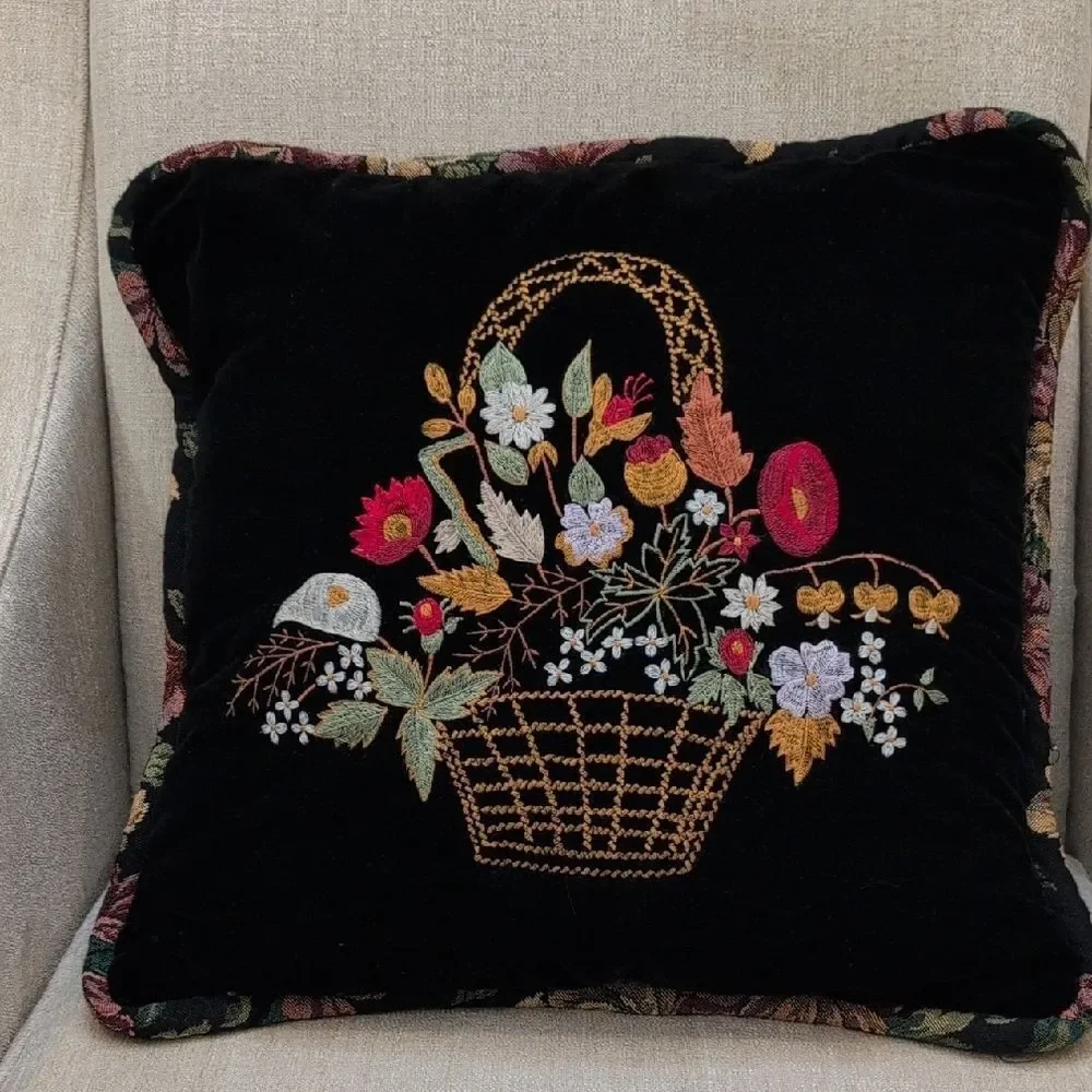 Vintage Black Velvet Floral Embroidered Throw Accent Pillow Floral Tapestry Back